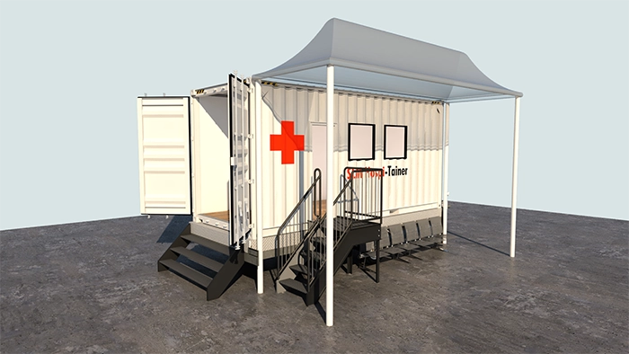 Vista frontal de Hospital construido con contenedores marítimos - Hospitainer